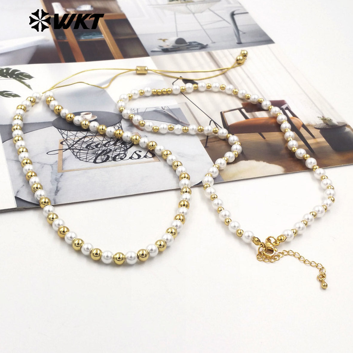 WT-JFN21 WKT 18 Inch Long 6mm Artificial Shell Pearl Space Beads Hand Strand Necklace in Real Gold Plated