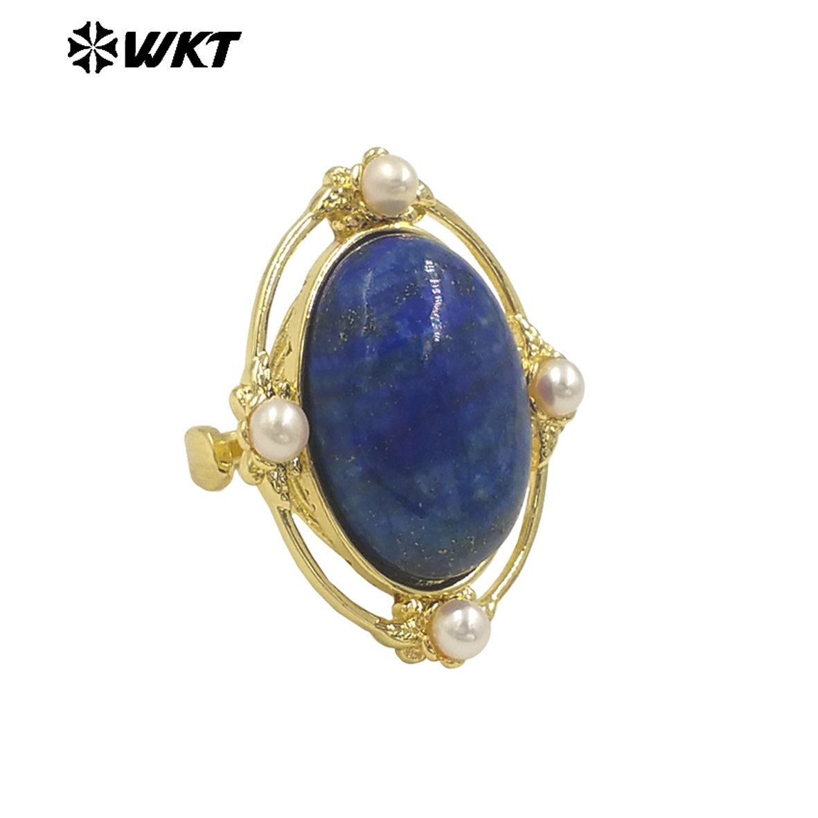 WT-R541 Wholesale Fashion Gold Plated Retro Natural Gemstone Lapis Amethyst Oval Stone With Pearl Beads Adjustable Women Ring