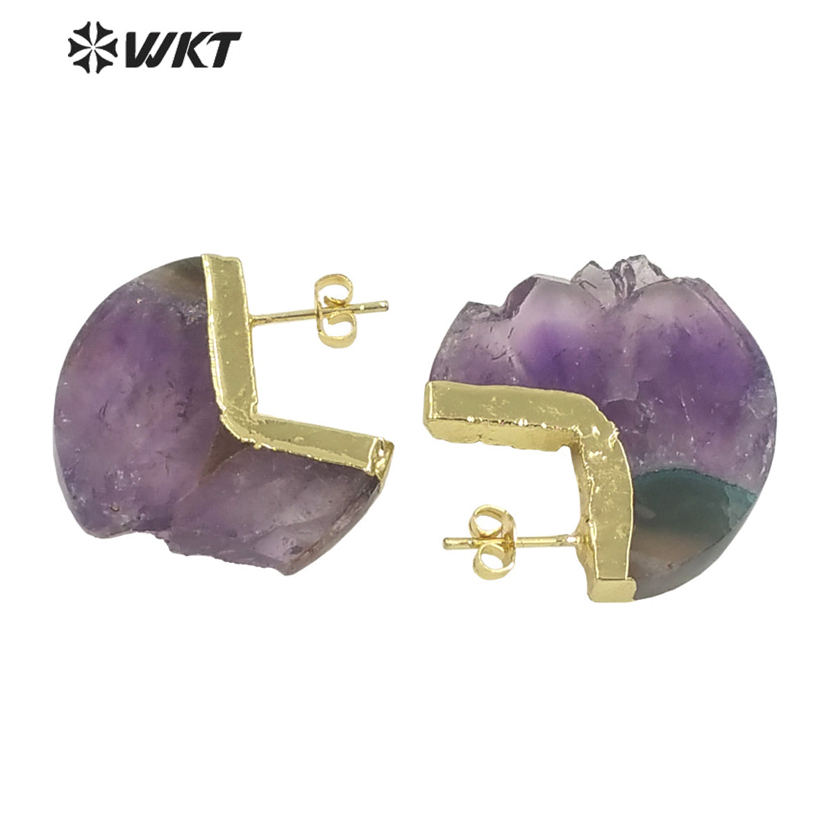 WT-E648 Amazing Fashion Gold Electroplated Moon Shape Slice Amethyst Stone Studs Earrings Women Gorgeous Half Moon Earrings