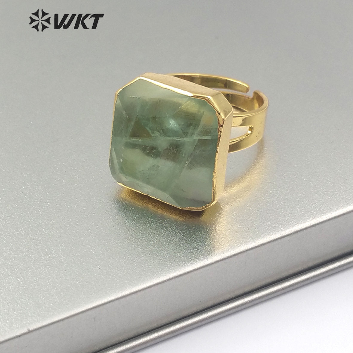 WT-R211 Natural rainbow Fluorite square Gemstone Rings, Fashion Raw Fluorite Stone Rings with 18K Gold Dipped
