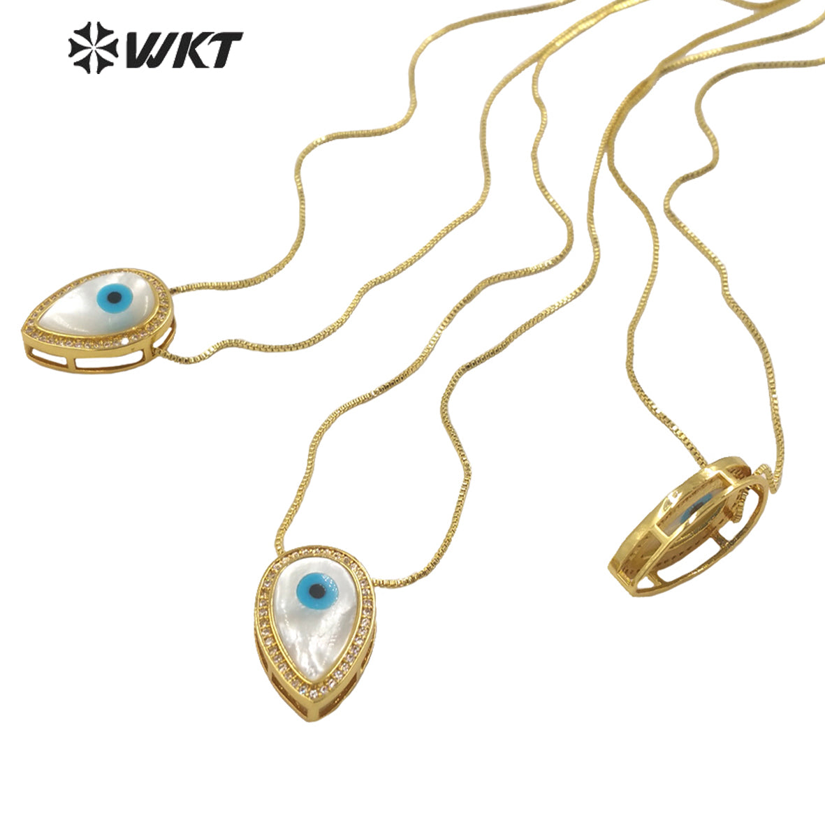 WT-MN972 Fashion Gold Electroplated Cubic Zircon Trim Natural Shell Teardrop Eye Necklace in Adjustable Women Turkey Necklace