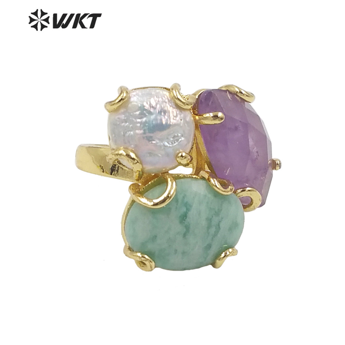 WT-R418 Women 18k Real Gold Plated Resist Tarnishable Triple Stone Prong Setting Natural Stone and Pearl Mix Party Ring