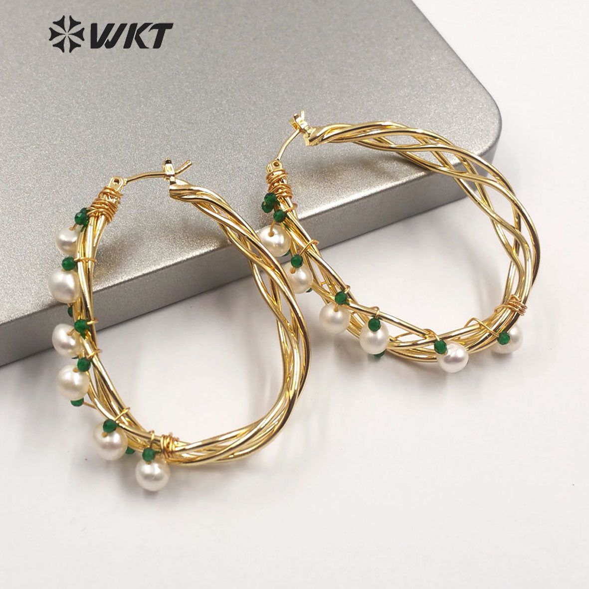 WT-E586 Colorful Amazing Big Ear Ring Handmade Wire Wrapped Women Pearl Hoop Earrings for Gift With Elegant Beauty Stone Pearl