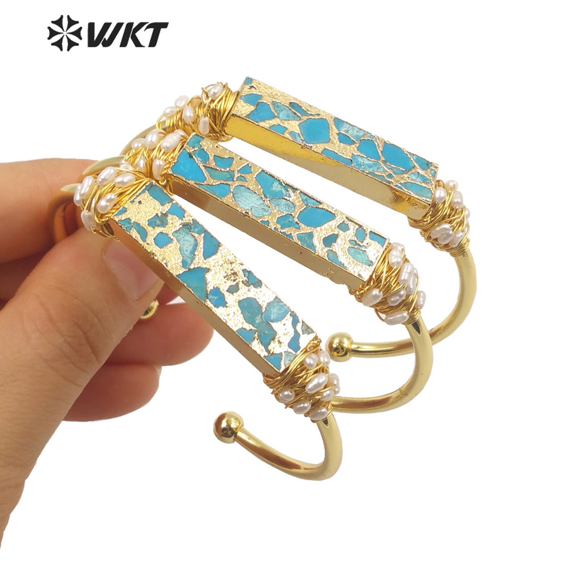 WT-B581 Wholesale Fashion Chic Lady Gorgeous Copper Turquoise Stone Bangle 18k Real Gold Plated Resist Tarnishable Wire Bangle