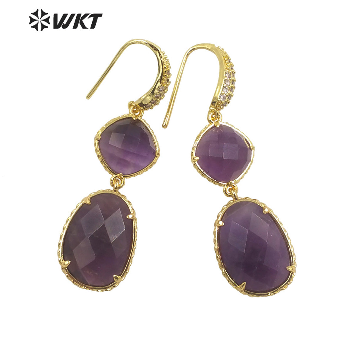 WT-E687 Wholesale Fashion Natural Amazonist Stone Earrings Women Amethyst Double Stone Prong Setting Gorgeous Earrings
