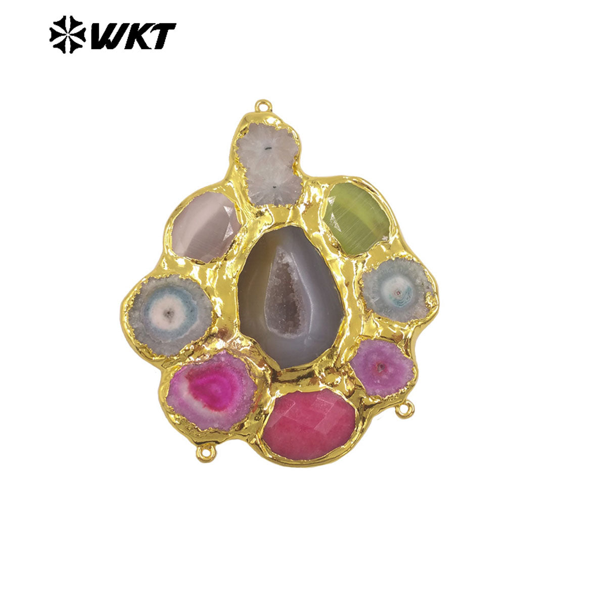 WT-C337 Amazing Three Hoops And Back Full Gold Plated Multi Natural Stones Connectors For Jewelry Connection Accessories