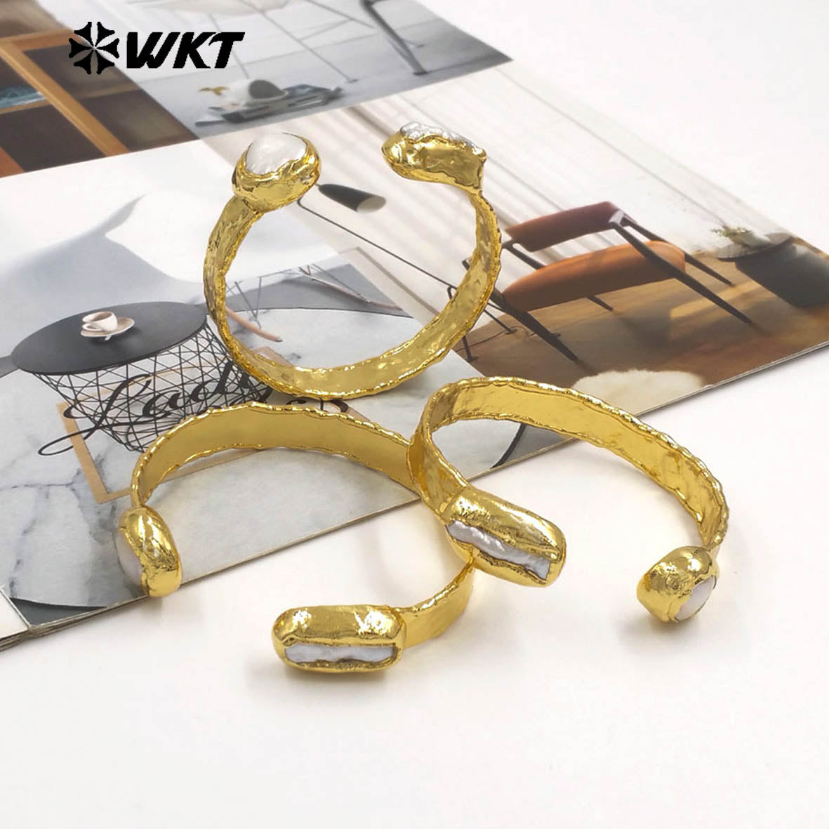 MPB129 Newest Luxury Gold Electroplated Round And Rectangle Natural Freshwater Pearl Bangles For Women Daily Wearing Jewelry