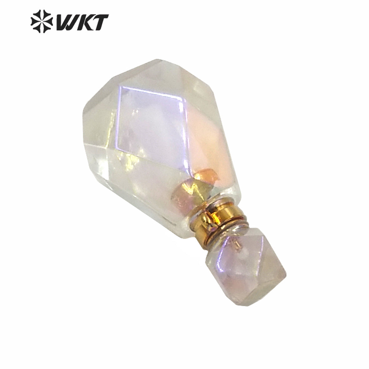 WT-P1593 WKT Exclusive New Amazing Gold Aura Crystal Quartz Faceted Perfume Oil Pendant Hotsale Women Angel Color Bottle Pendant