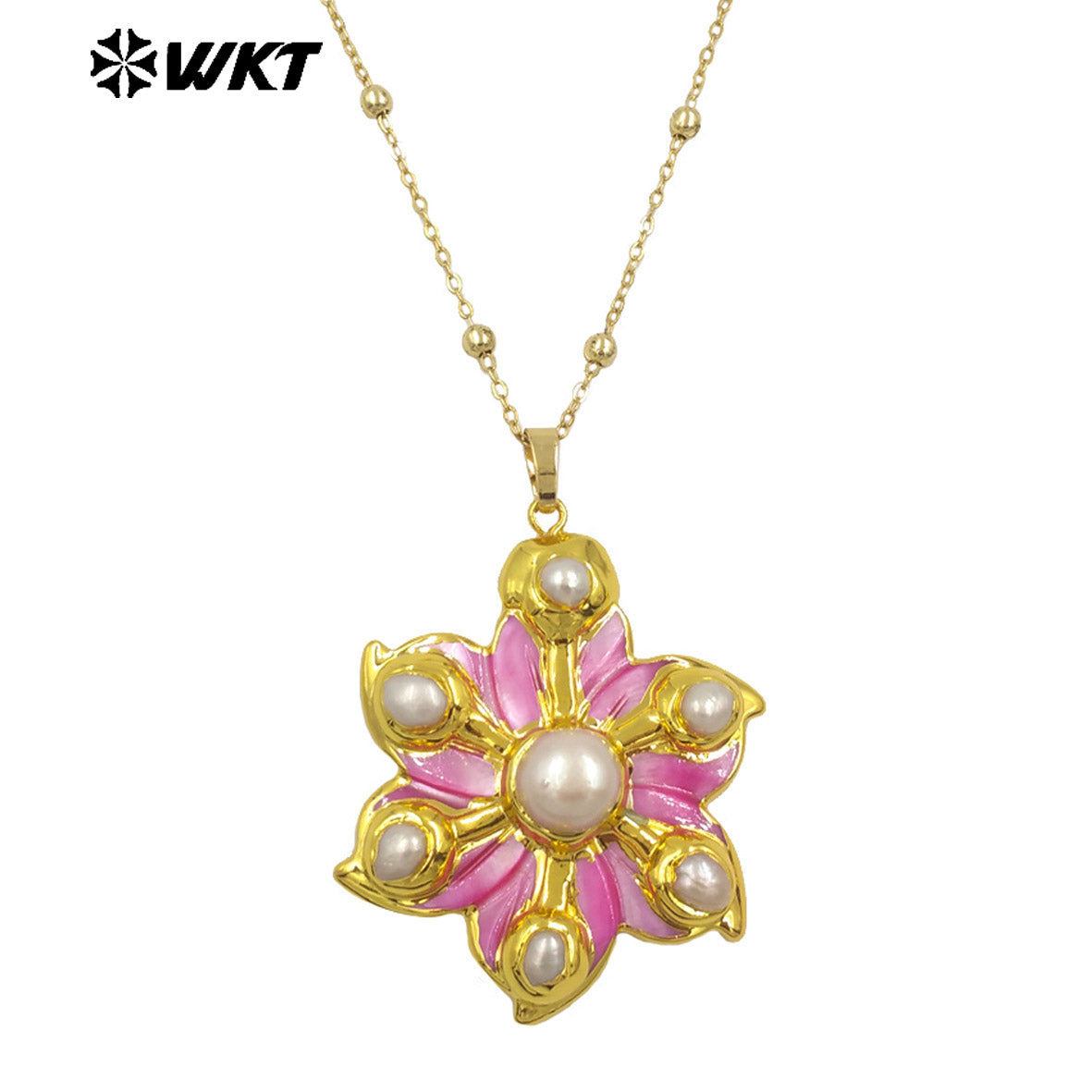WT-JN294 the New Romantic 18K Gold Plated Natural Shell Six Pearl Flower Shaped Necklace for Lovely Woman As Birthday Gift