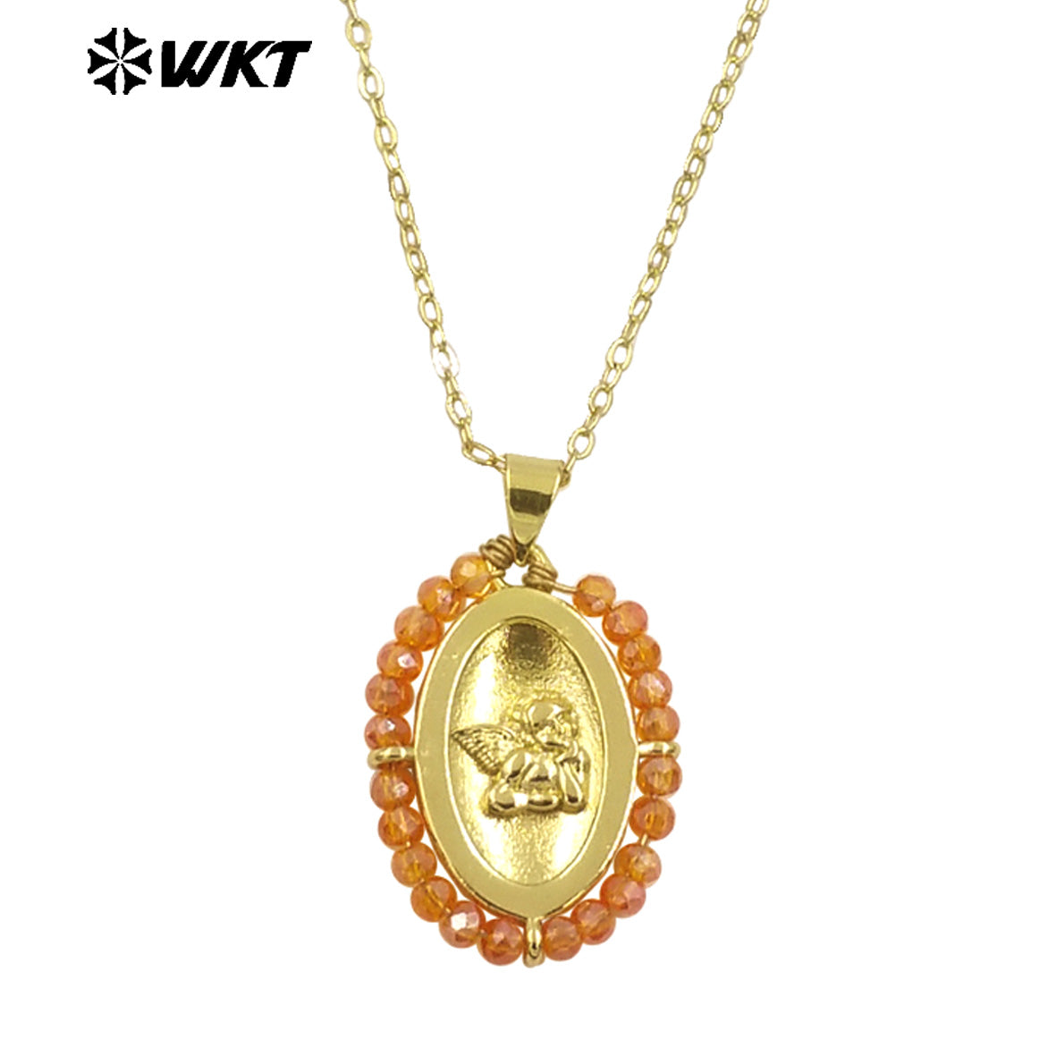 WT-MN994 2024 New Popular Gold Plated With Handmade Crystal Wire Wrapped Beads Around Angel Medal Christian Jewelry Necklace