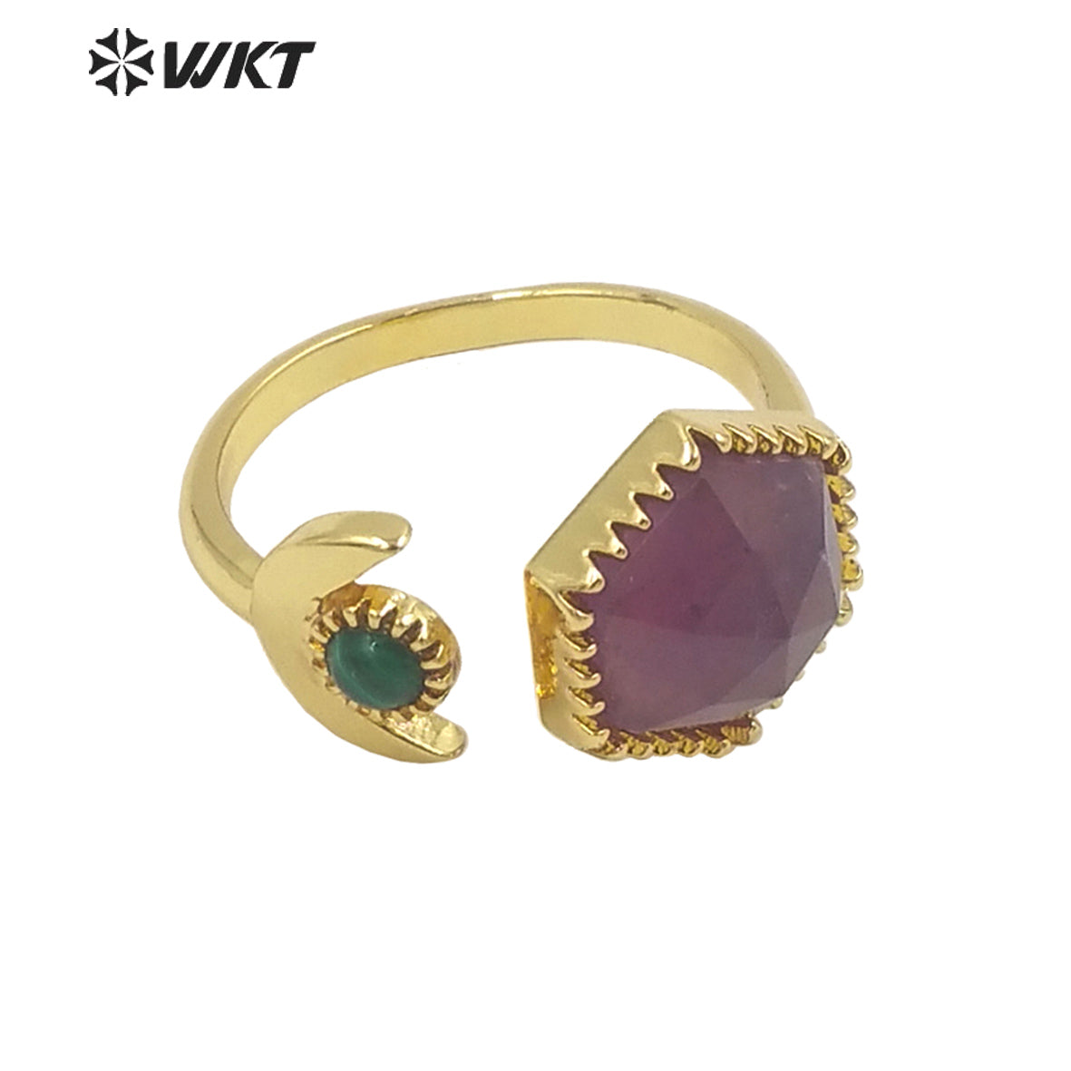 WT-R426 Delicate Fashion Gold Open Size Double Stone Ring Natural Gemstone Hexagon Double Stone Gold Bezel Ring for Girls
