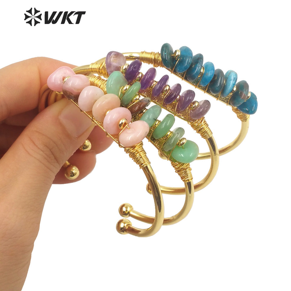 WT-B580 WKT Lovely Popular Gold Electroplated Open Size Cuff Bangle Women Bohemian Natural Gemstone Beads Wire Wrapped Bangle