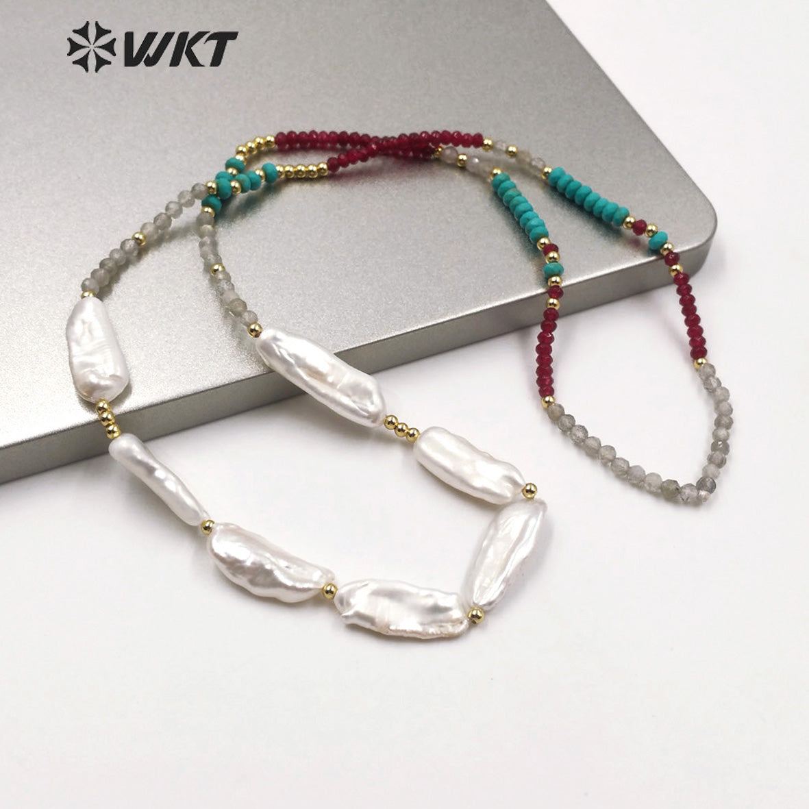 WT-JN124 WKT Exclusive Design Hand Make Strand Casual Necklace Women 24 Inch Long Faceted Beads Baroque Pearl Necklace
