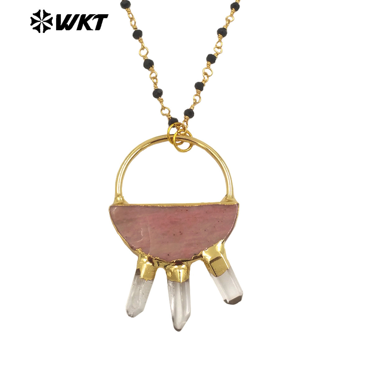 WT-N1470 Amazing New Design Semi Circle Geometric Natural Stone Pendant Necklace With Rosary Black Beads Chain