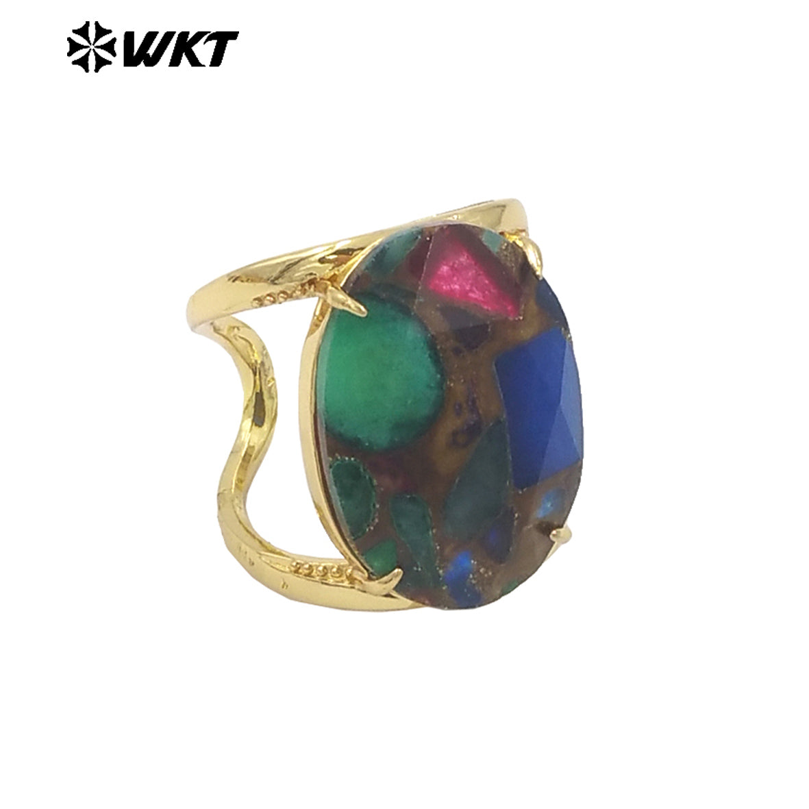 WT-R524 Amazing Rainbow Copper Turquoise 18K Real Gold Plated Resist Tarnishable Women Cocktail Oval Stone Party Ring