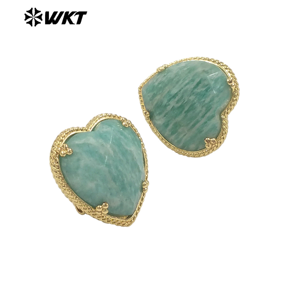 WT-E787 Newest Romantic Design Natural Gemstones Heart Studs Shape Amazonite Stone Gold Plated Women Lovely Jewelry Earrings