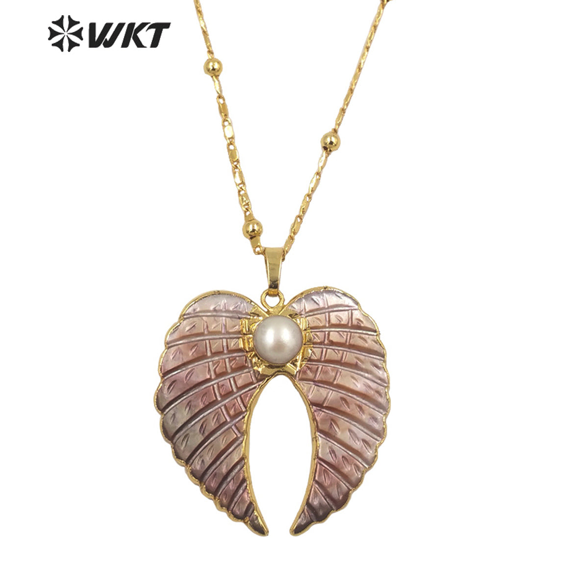 WT-JN167 Vintage Wing Shape Natural Shell Necklace Freshwater Pearl Angel Feather Pendant Jewelry Accessory Necklace