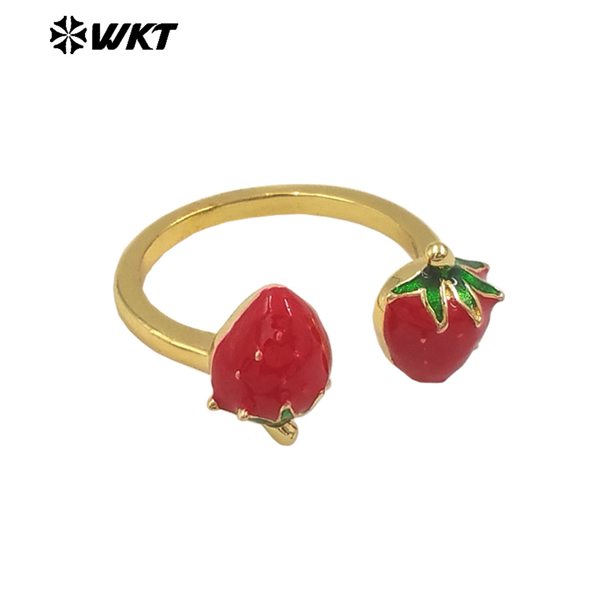 WT-RF009 Delicate Fruit Series Ring Yellow Brass With Drop Oil Double Strawberry Charms Adjustable Women Fashion Jewelry