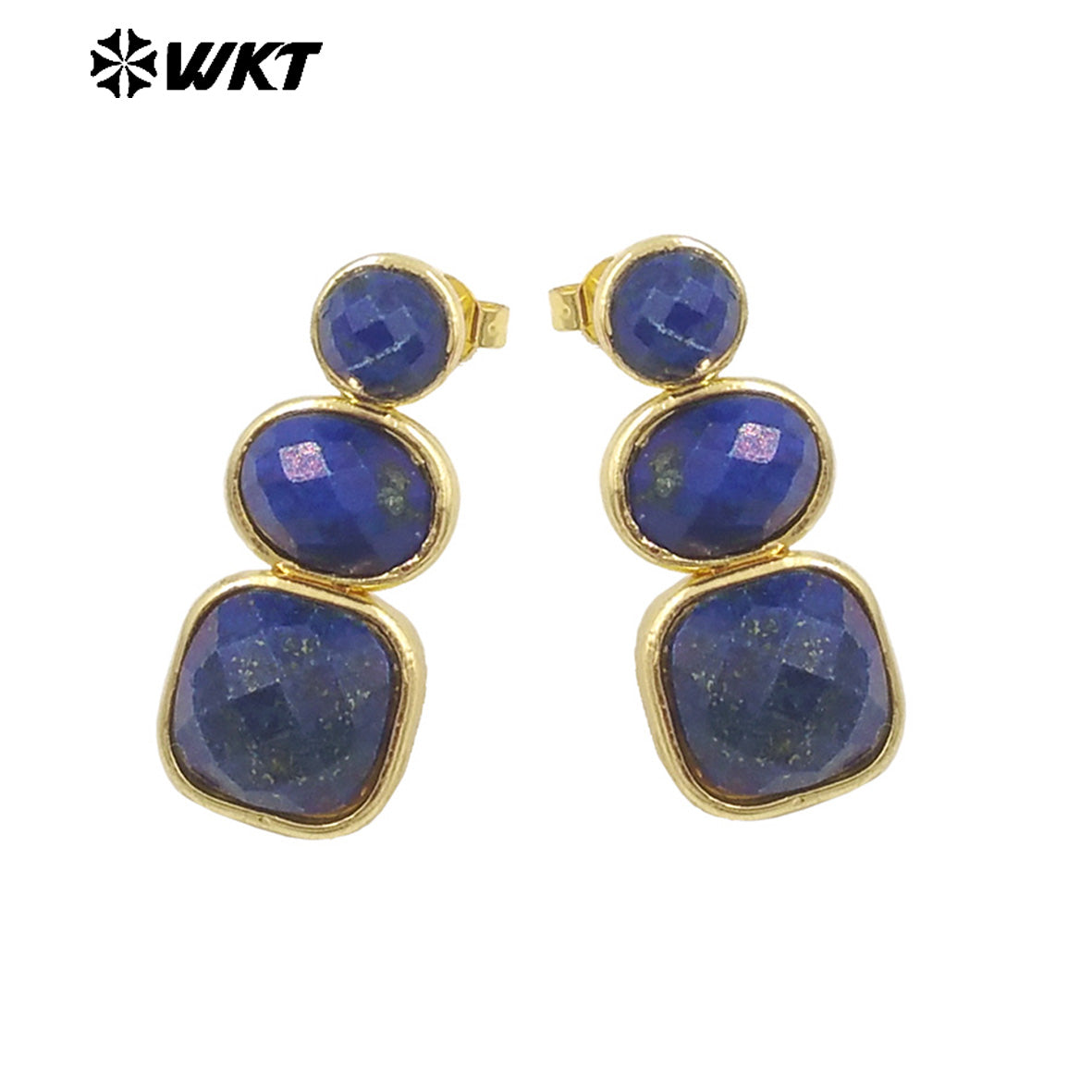 WT-E754 WKT Precious Triple Stone Assemble Handmade Setting Natural Amethyst Lapis Long Dangle Geometric Lady Earrings