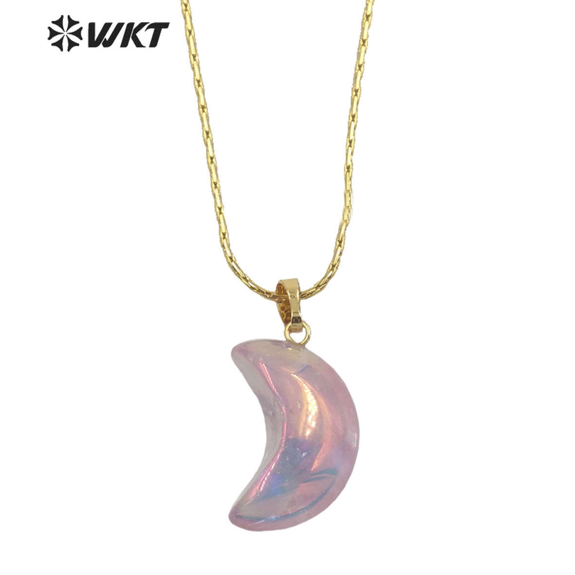 WT-N1335 Romantic Cute Shiny Crystal with Arua Pendant Necklace Moon Shape Natural Stones Amethyst with Aura Jewelry Necklace