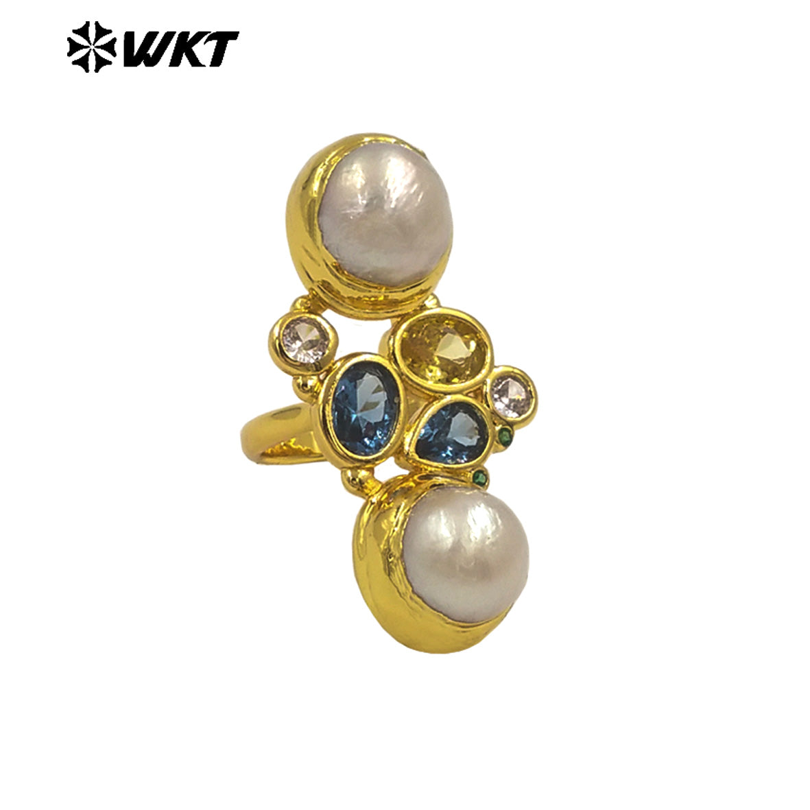 WT-MR042 Wholesale Amazing Pearl Ring With Cubic Zircon Adjustable Size Gold Plated Elegant Fashion Style Ladies Jewelry