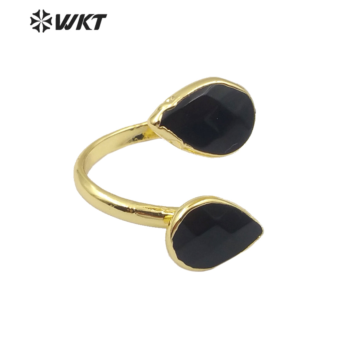 WT-R348 Wholesale Double Teardrop Natural Black Agate Ring Fashion Gold Plated Women Charm Jewelry Natural Stone Ring