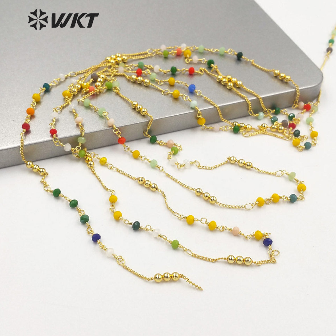 WT-RBC199 Wholesale Gold Plated Women DIY Jewelry Brass Rosary Beads Chain Handmade Jewelry Necklace Chain Colorful Beads Chain