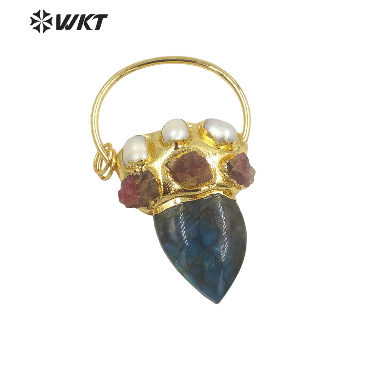 WT-P1894 Wholesale Fashion Gold Plated With Big Ring Stone Pendant Gorgeous Handmade Pearl Labradorite Horn Pendant Jewelry