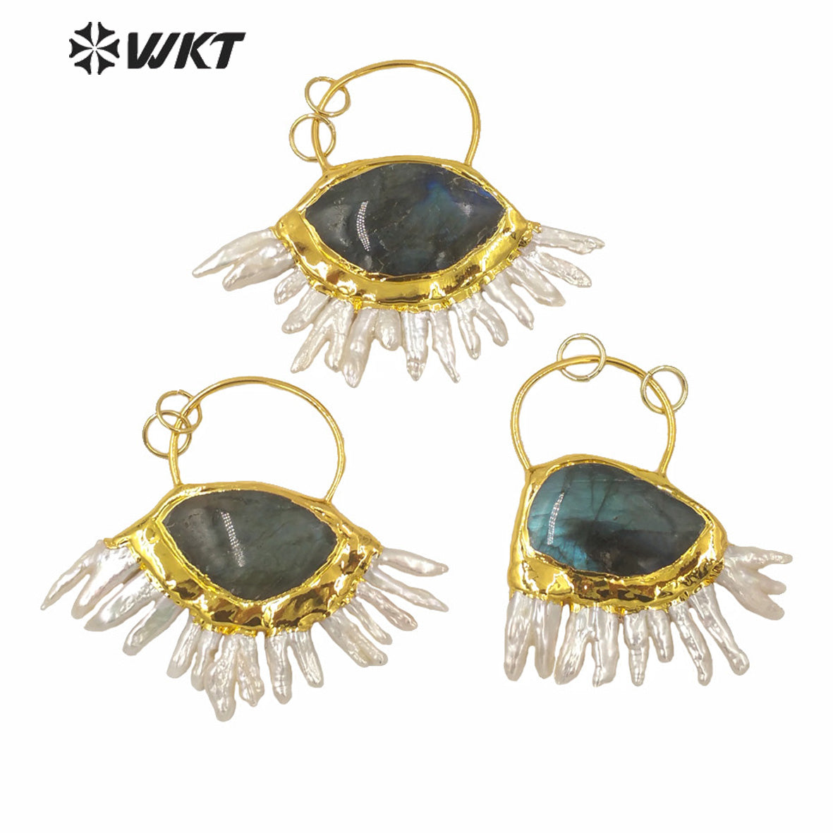 WT-P1588 Wholesale Amazing Natural Freshwater Pearl and Labradorite Stone Pendant Gorgeous Statement Women Gold Stone Pendant