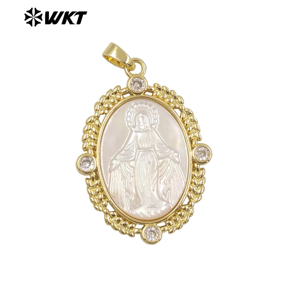WT-JP368 Wholesale New Arrival Exclusive Fashion Gold Plated Religious Lady of Grace Guadalupe Shell Pendants in Bezel