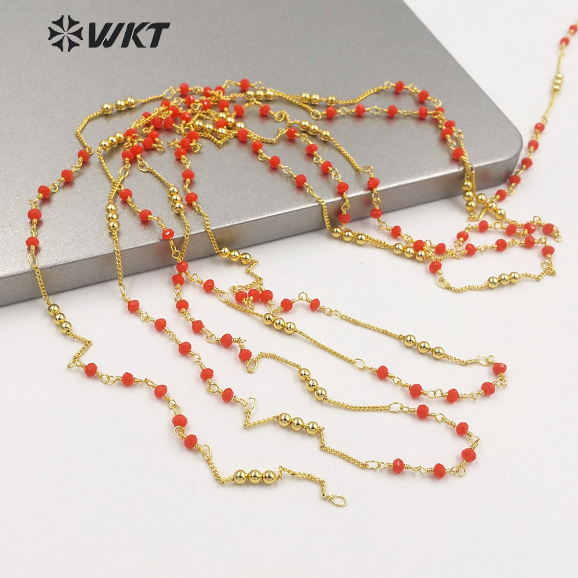 WT-RBC200 Wholesale Fashion Gold Plated Orange Red Color Multi Beads Link Chain Sell by Meter Jewelry DIY Jewelry Necklace Chain