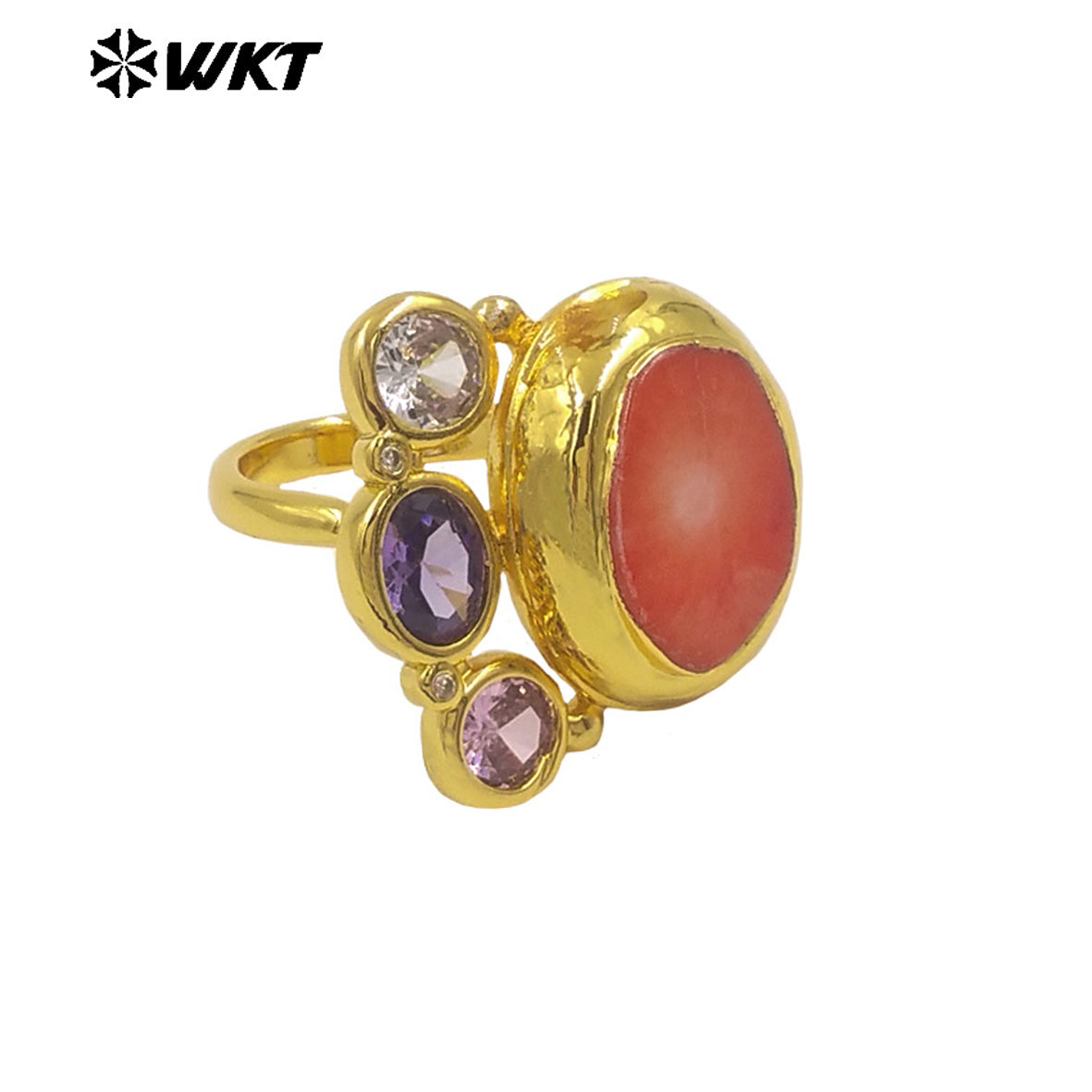 WT-MR041 18K Gold Plated Resist Tarnishable Cute Women Ring With Natural Red Coral And Colorful Cubic Zircon Adjustable