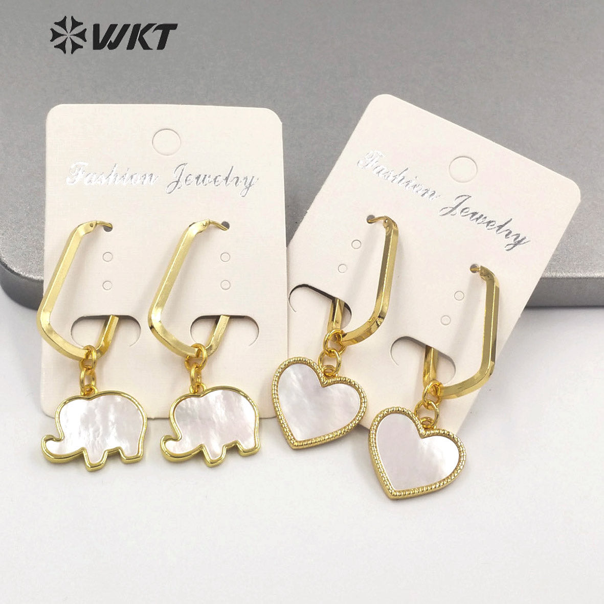 WT-MPE084 Newest Fashion White Mother of Pearl Lovely Elephant Earrings 18k Gold Plated Shell Heart Charm Earrings
