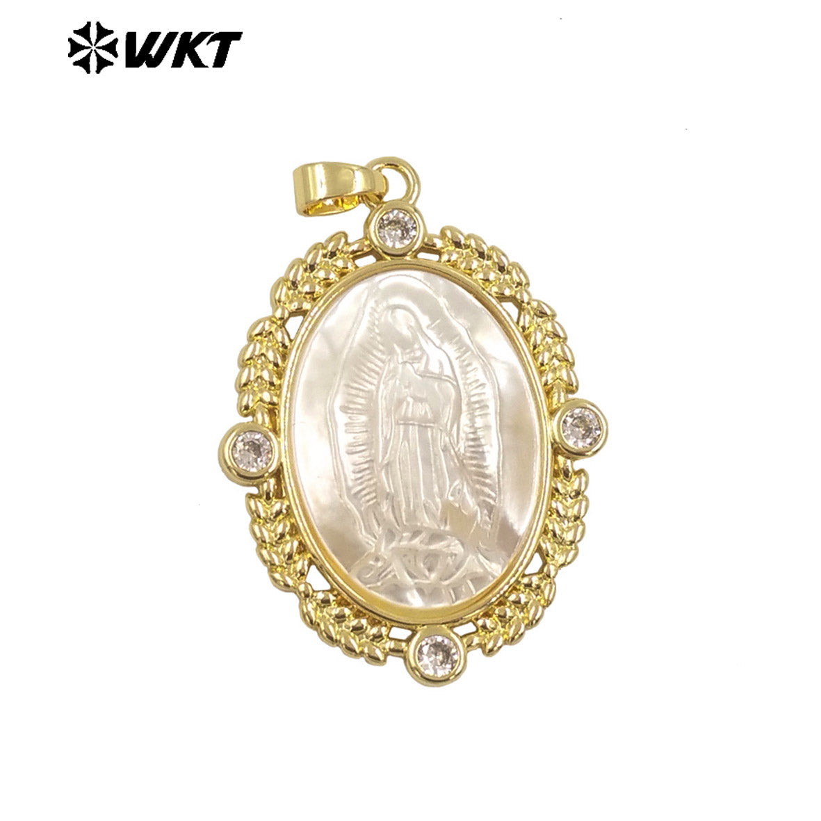 WT-JP369 Amazing WKT Exclusive 18K Gold Plated Bezel Setting Zircon Charm Around Handmade Carved White Shell Virgin Mary Pendant