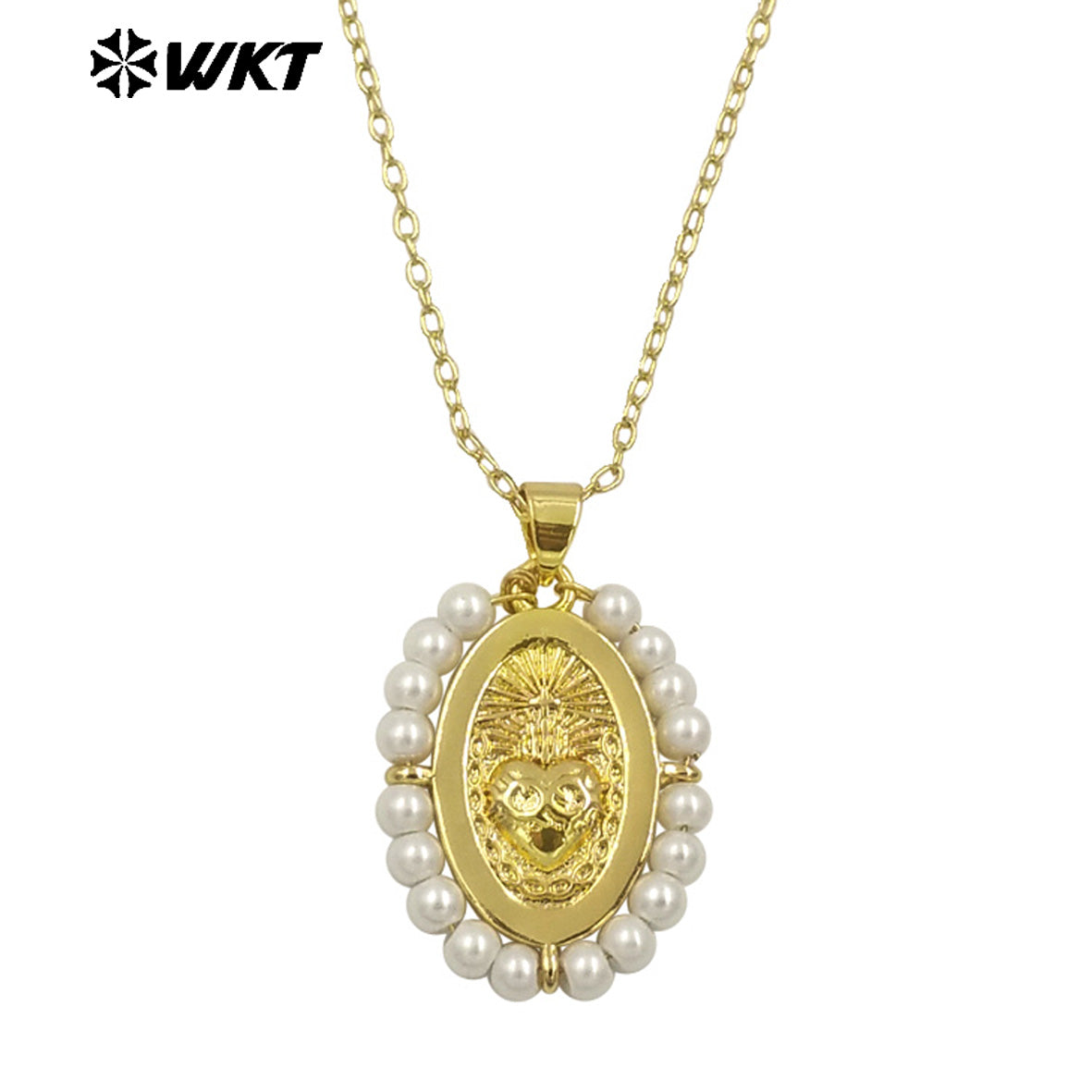 WT-MN993 New Spring Design 2024 Oval Shape Sant Heart Religious Gold Medal Necklace Women Jewelry