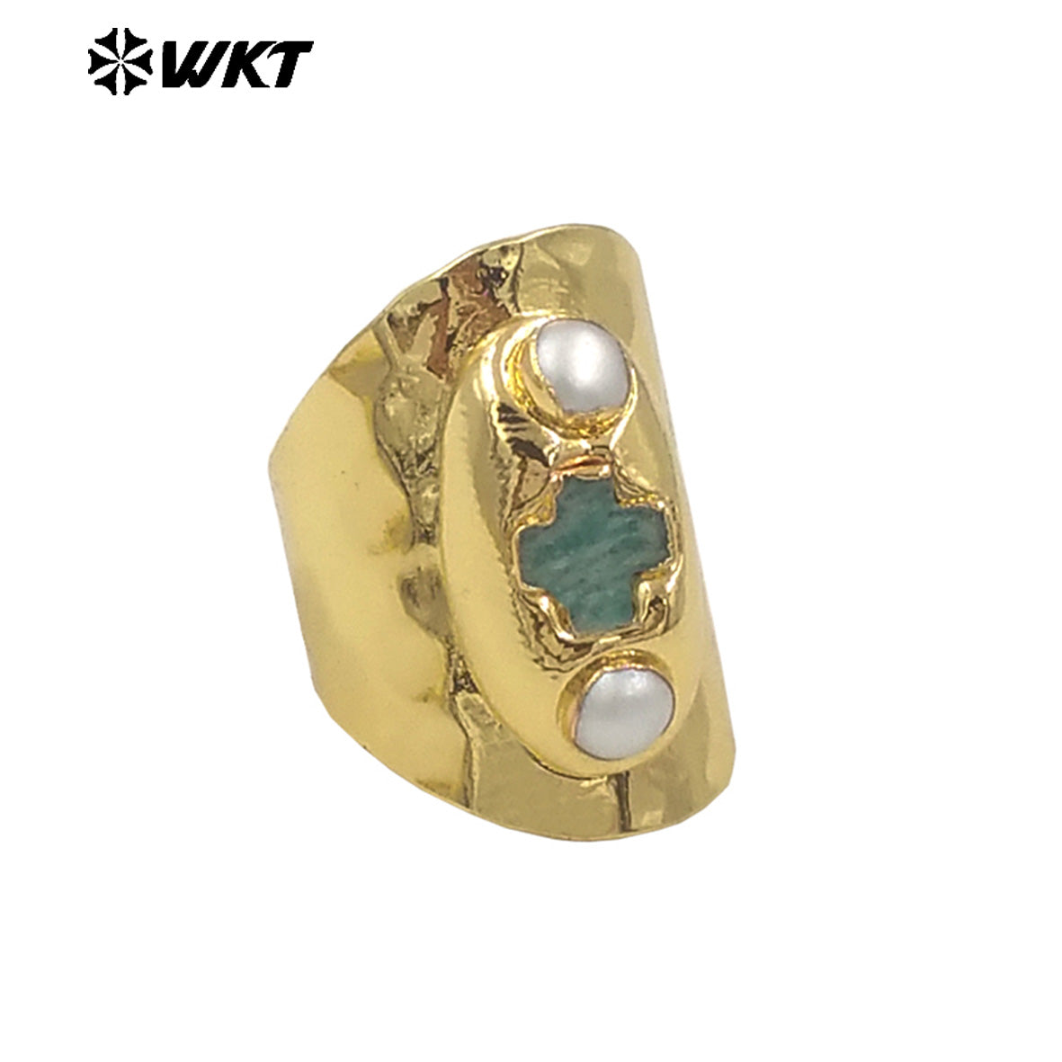 WT-MPR130 New Arrival 18K Gold Plated Religious Ring Jewelry With Double Pearls and Cross Shape Stone Adjustable Size for Party