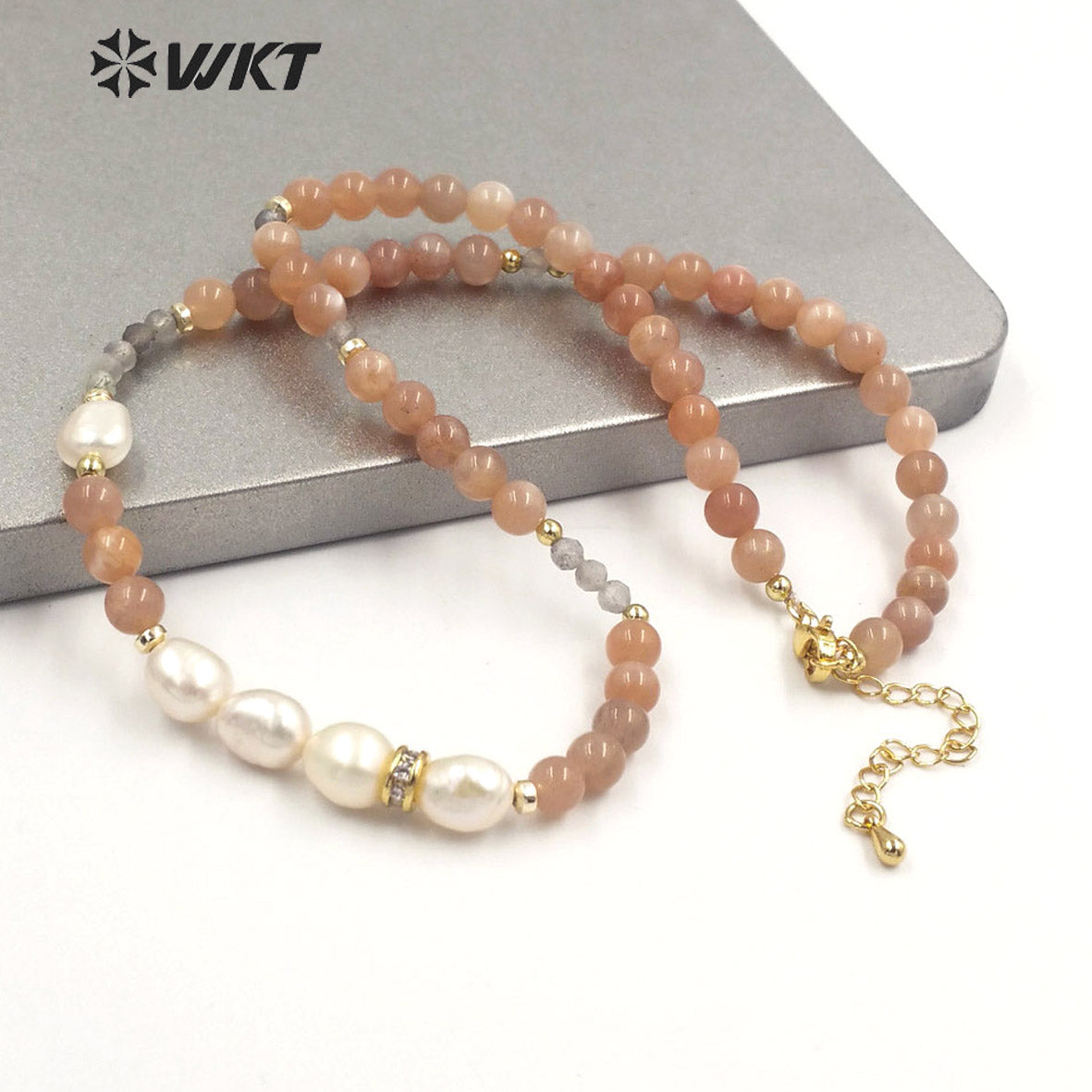 WT-N1409 Gorgeous Energy 6mm Round Sun Stone Beads Stone Necklace 16 Inch Long Summer Hand Strand Stone Pearl Choker Necklace