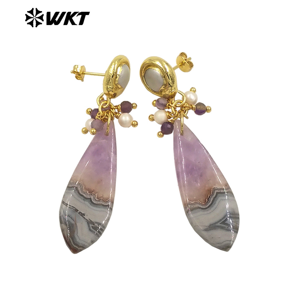 WT-E780 Long Drop Shape Natural Amethyst and Pearl Beads Design Exquisite Retro Style Women Party Fine Jewelry Earrings