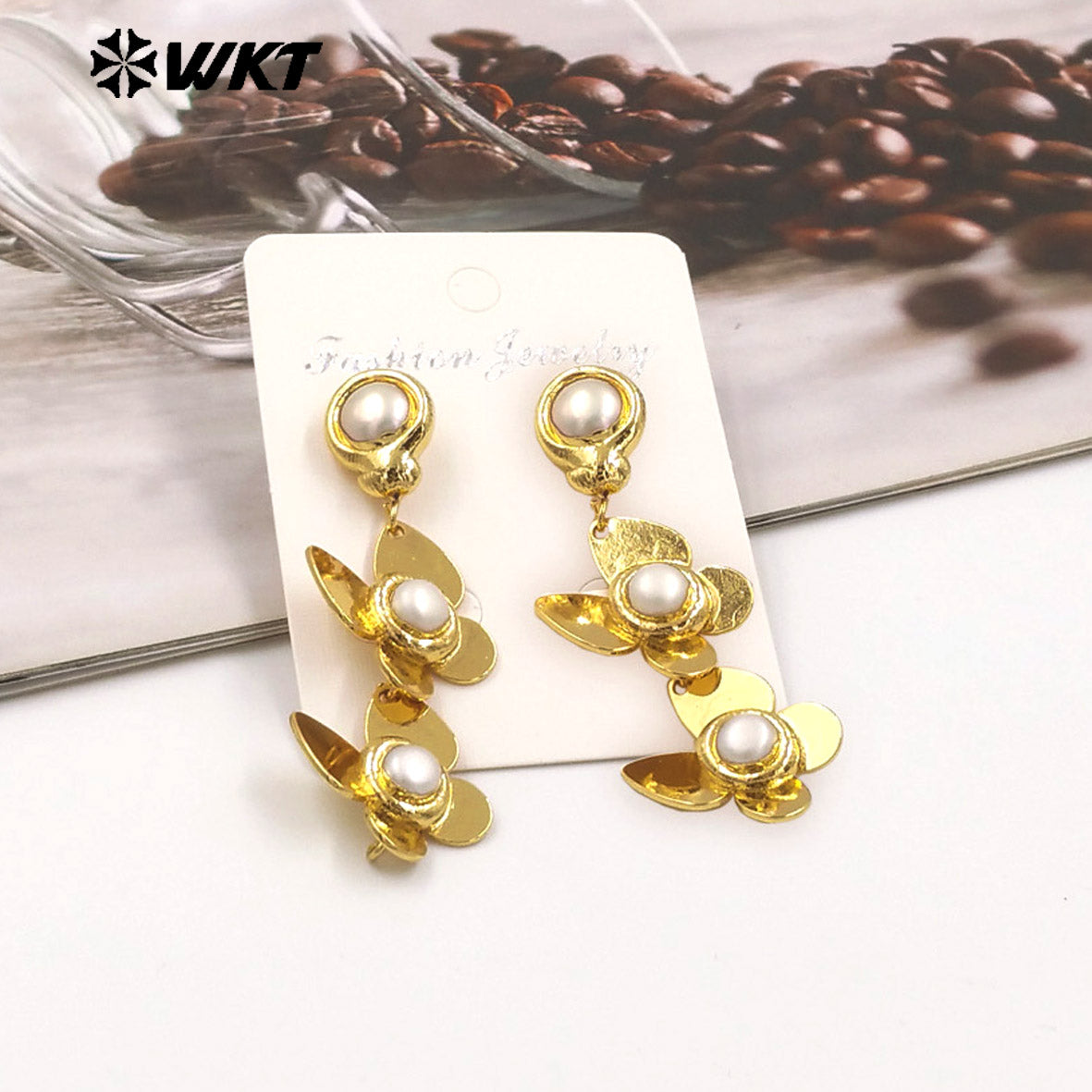 WT-MPE129 WKT Trendy European 18K Real Gold Plated Resist Tarnishable Elegant Summer Double Butterfly Pearl Earrings