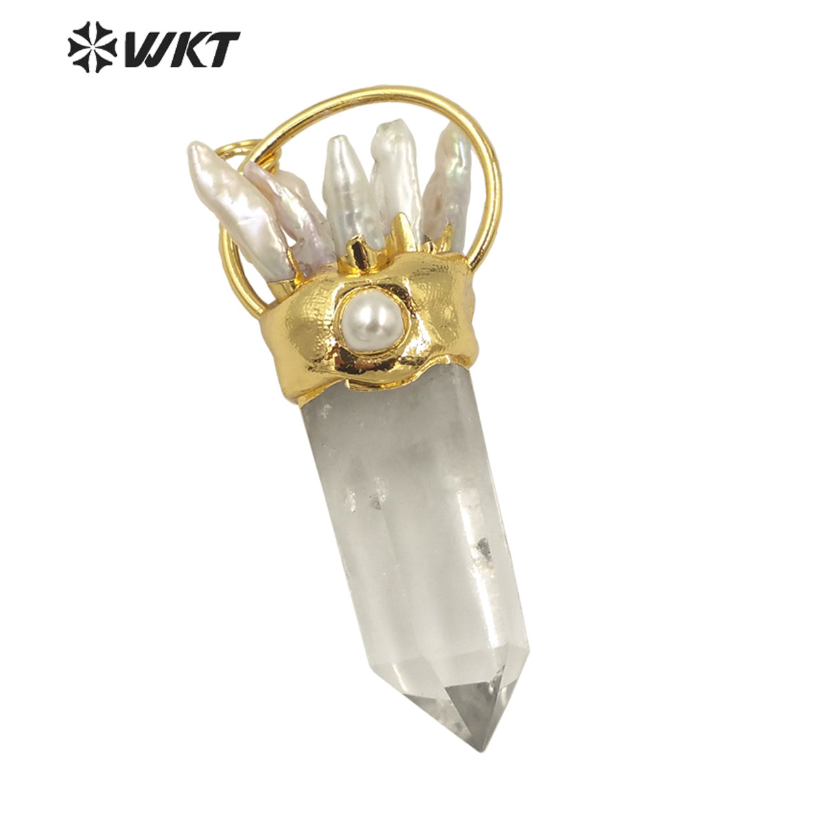 WT-P1625 Amazing Natural Real Gold Plated Spirit Quartz Pendant Women Big Chunky Crystal Pearl Point Stone Pendant