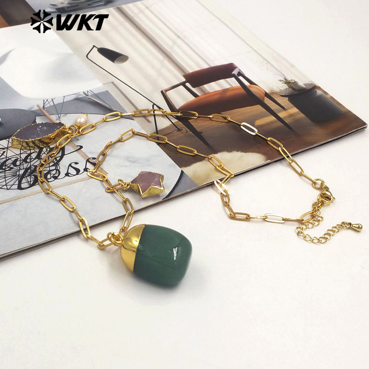 WT-N1489 Unique Design Natural Gemstones Necklace Gold Plated Chain With Three Stone Charms for Ladies Fashion Jewelry Gift