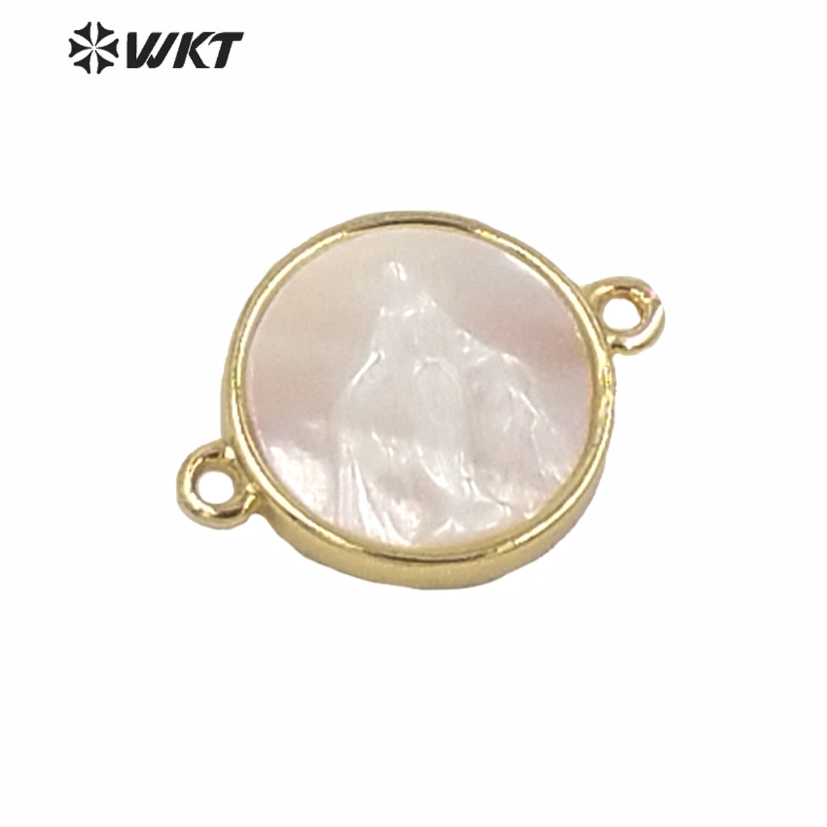 WT-MP170 Religious Design Gold Guadalupe Pendant Gold Metal Bezel Setting White Pearl Shell Connectors Tiny Charm Jesus Pendant