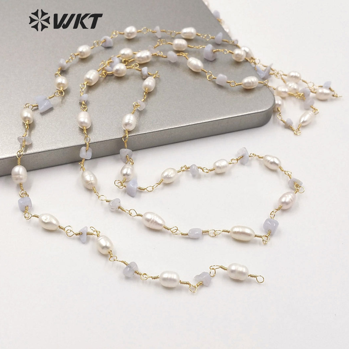 WT-RBC166 Fashion Gold Electroplated Non Tarnishable Pearl and Stone Mix Beads Rosary Chain Findings Lady Necklace Chain