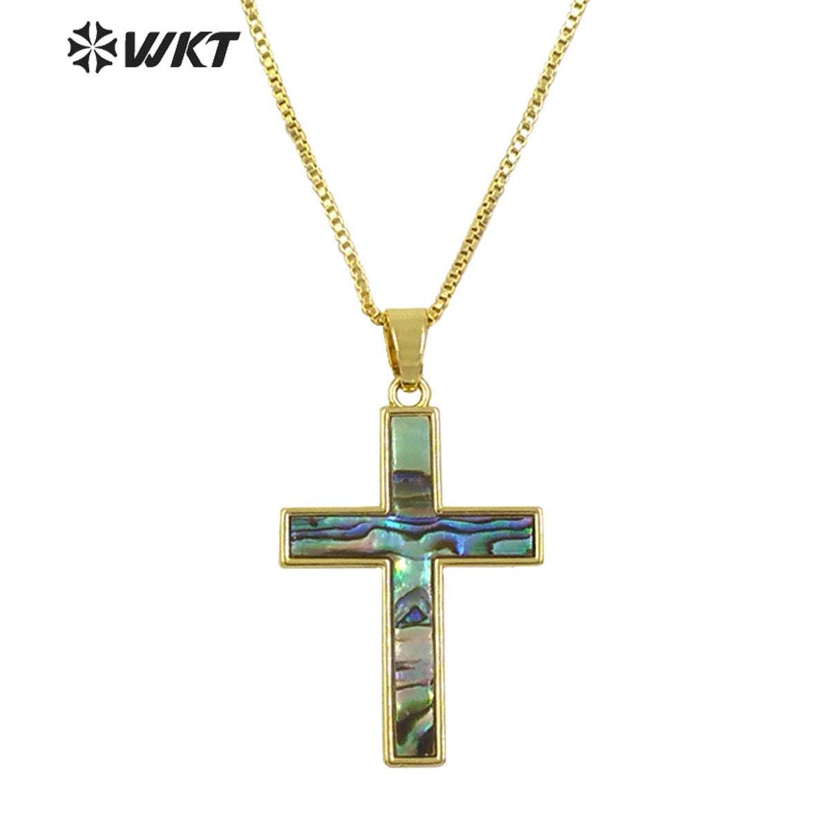 WT-JN277 Wholesale Amazing Christian Natural Shell Cross Pendant Necklace Gold Bezel Setting Unisex Jewelry
