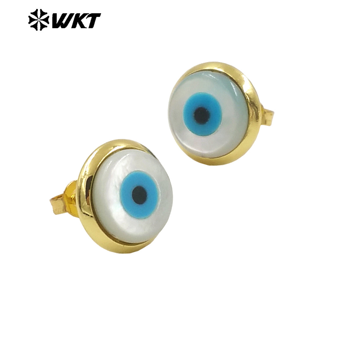 WT-MPE131 Wholesale Fashion 18K Gold Plated 10mm Brass Bezel Setting Natural Shell Turkey Eye Studs Women Earrings