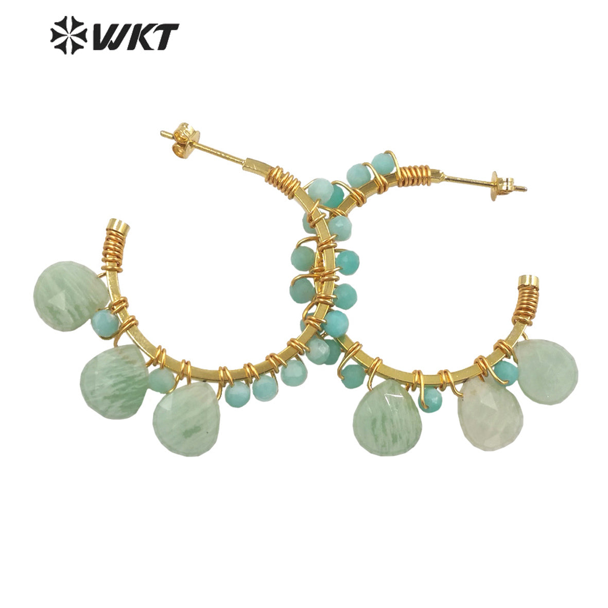 WT-E694 Wholesale Fashion Gold Plated C Shape Wire Wrapped Stone Earrings Attractive Teardrop Stone Crescent Moon Earrings