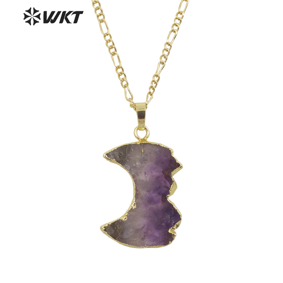 WT-N1316 Newest Fashion Gold Trim Half Moon Amethyst Stone Necklace Hot Slice Crescent Moon Pendant Necklace in Natural