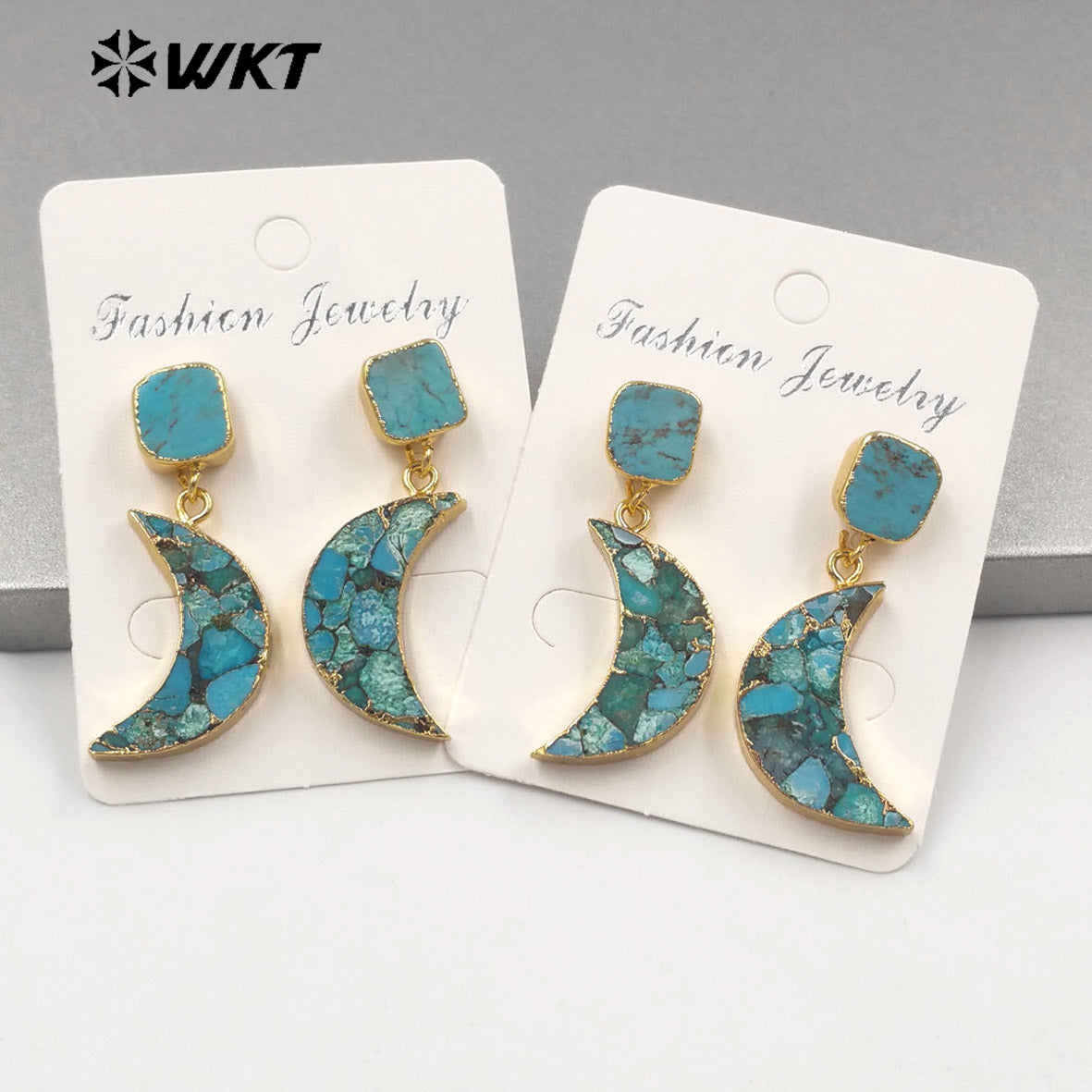 WT-E663 Crescent Shape Copper Turquoise Vintage Earring French 18k Gold Plated Earring for Women Stone Earrings