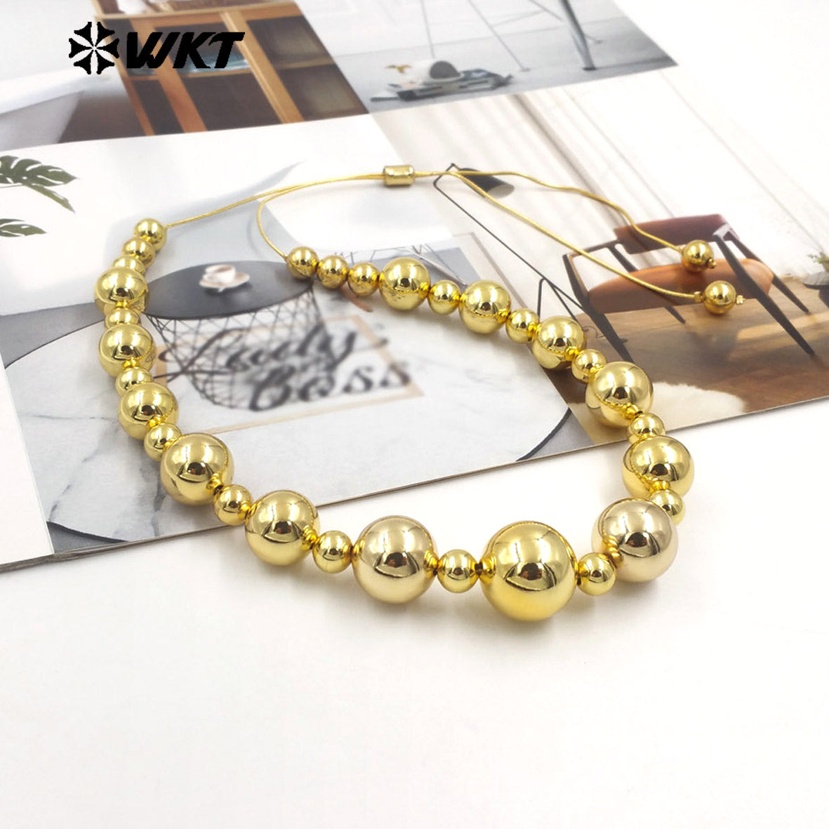 WT-JFN18 the North America Popular 18K Real Gold Plated Small and Big Space Beads Connect With Extend Chain Long Necklace