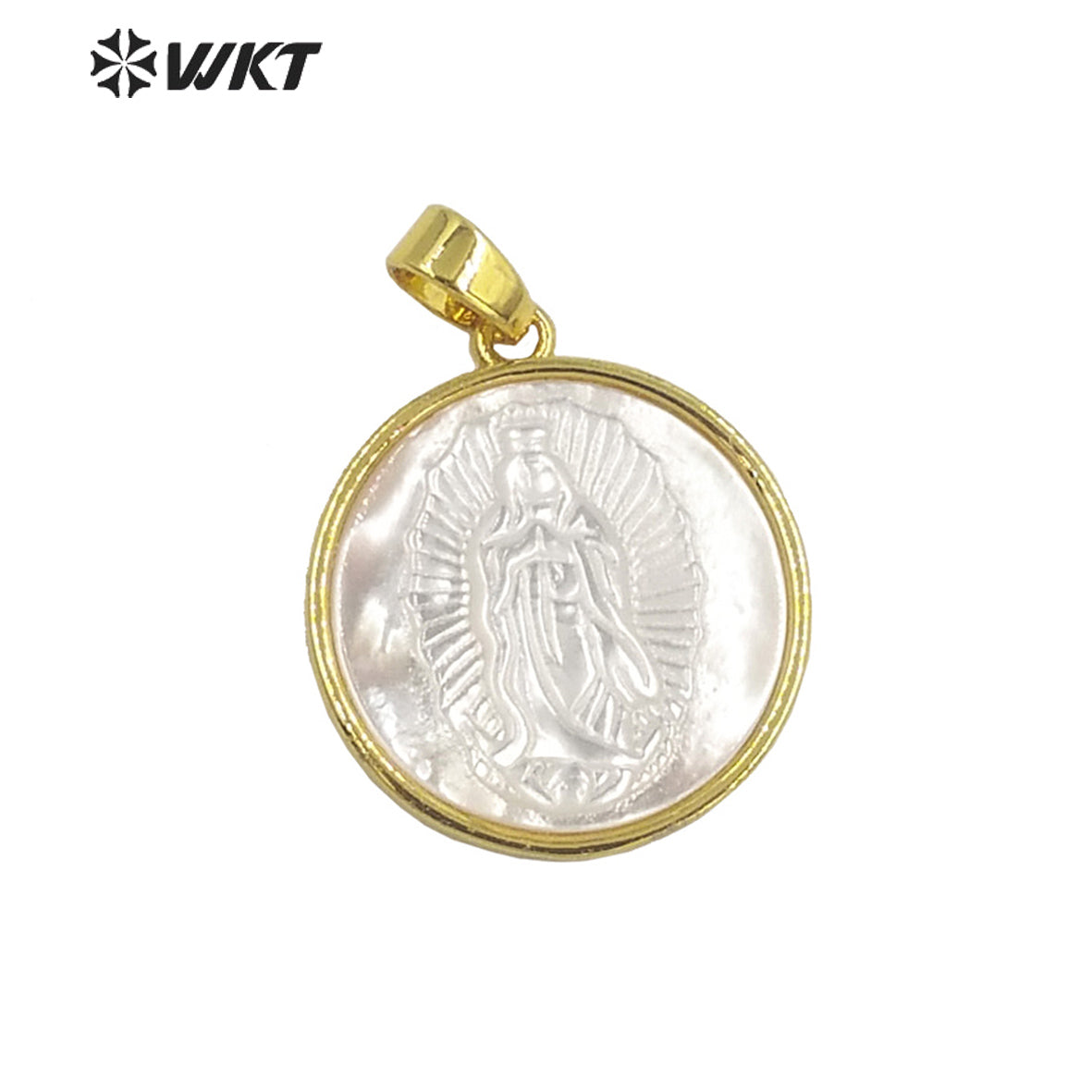 WT-JP321 Wholesale Fashion Gold Plated Mother of Pearl Religion San Benito Jewelry Pendant 20mm Round Shell Maria Vigen Pendants